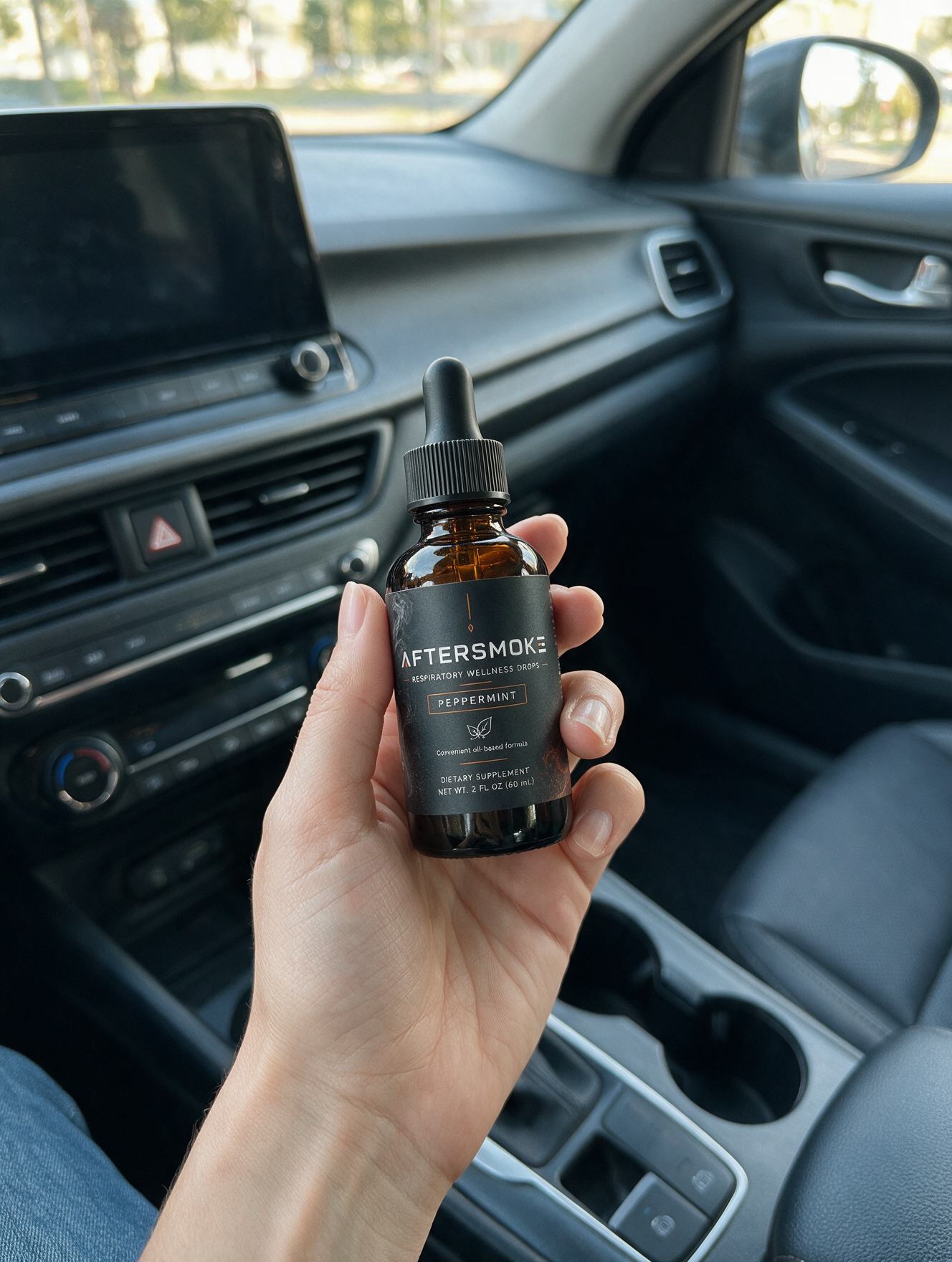 AfterSmoke bottle held up inside a car, dashboard behind it