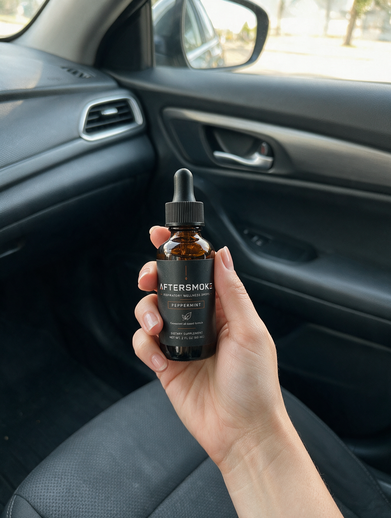 AfterSmoke bottle held in hand in a car's passenger seat