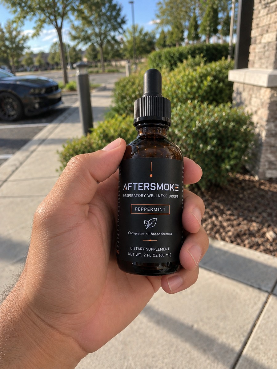 AfterSmoke bottle held in hand outdoors