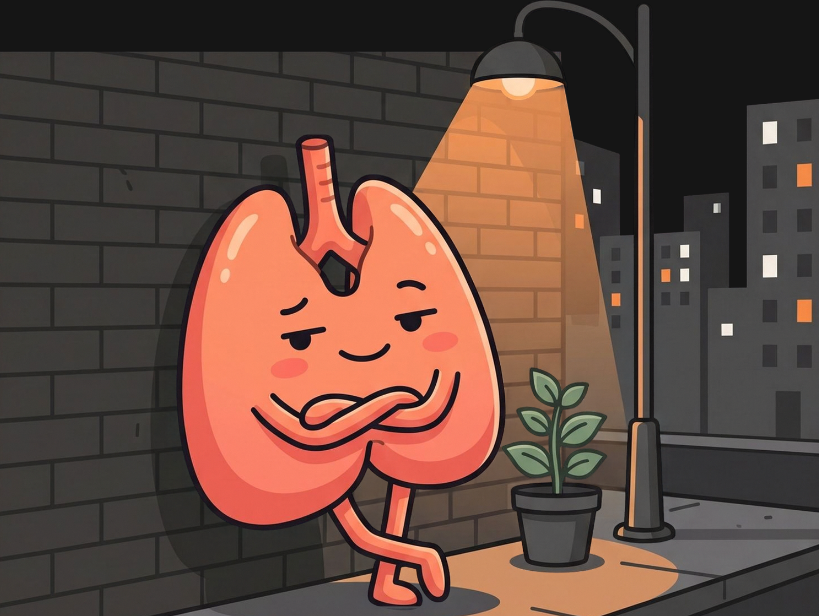 Illustration of a lung character leaning against a brick wall outside at night under a streetlight
