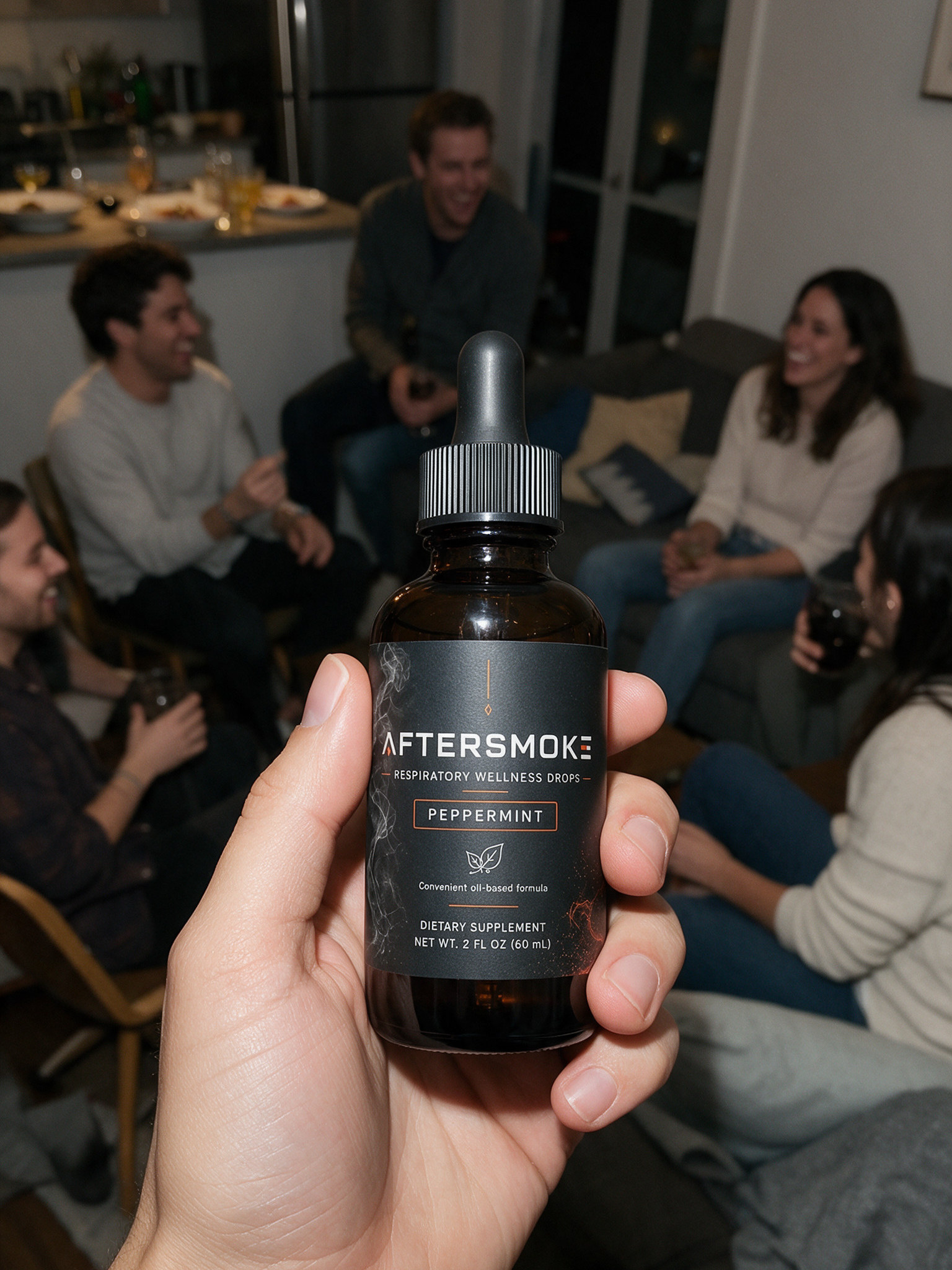 Holding the AfterSmoke bottle while friends talk in the background