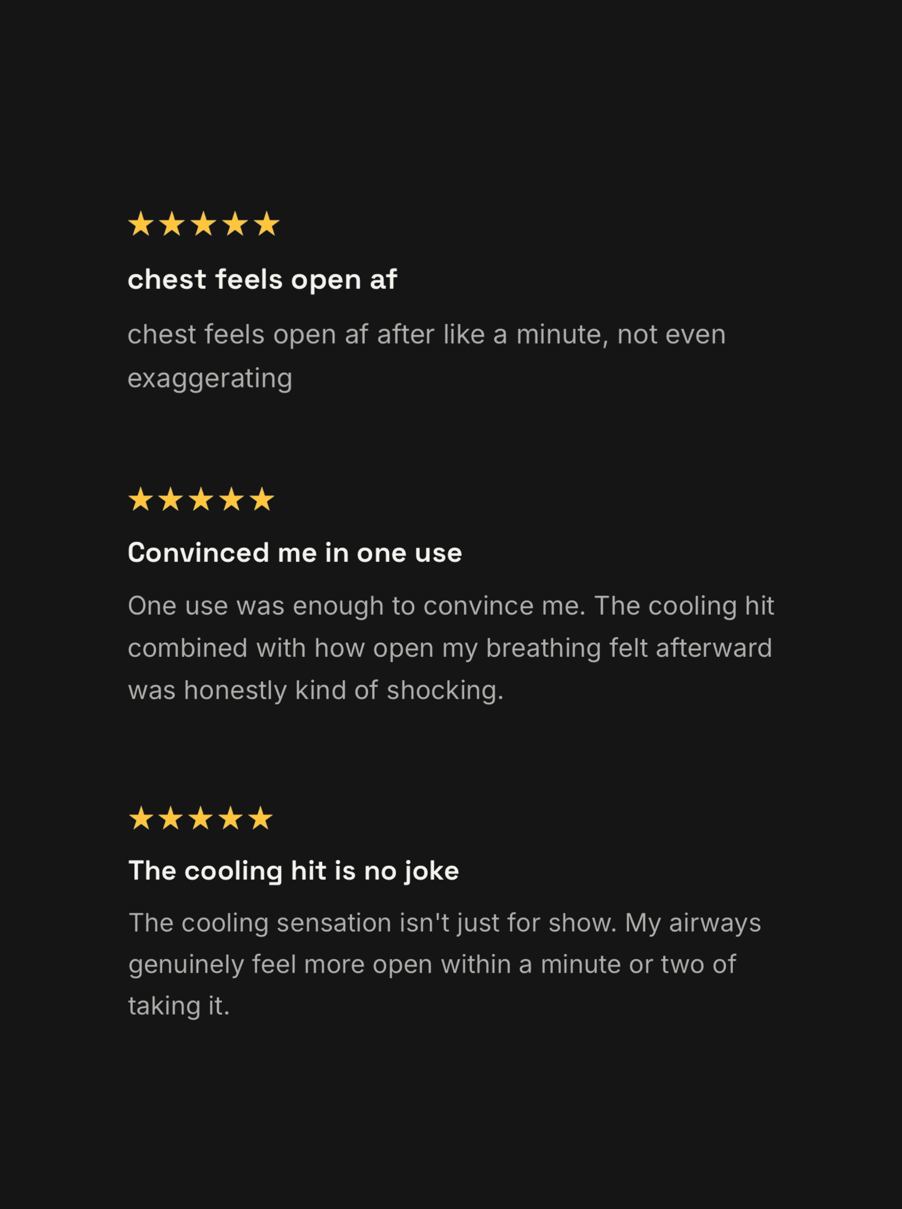 Three five-star AfterSmoke customer reviews: chest feels open af; Convinced me in one use; The cooling hit is no joke.