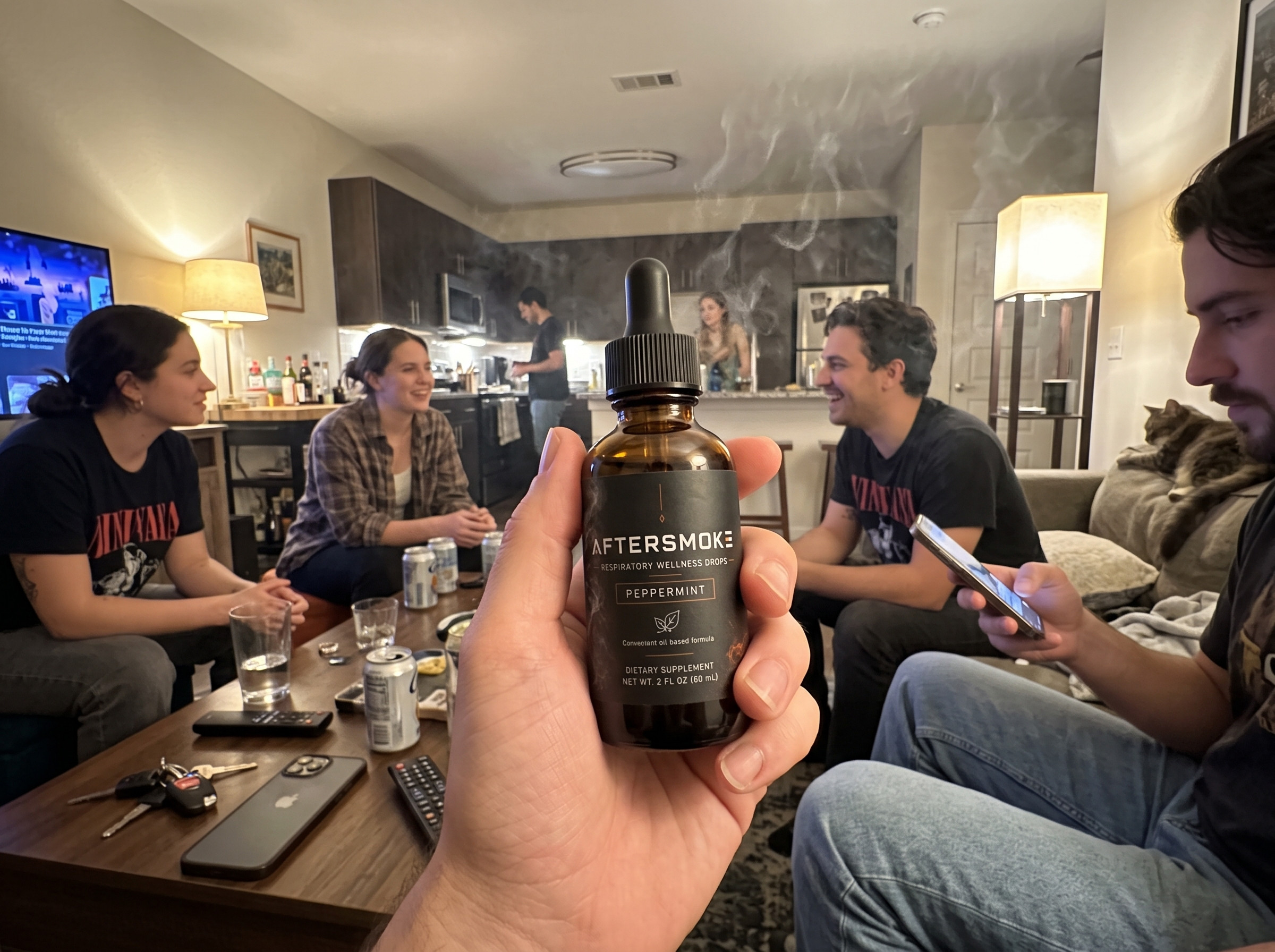 The AfterSmoke bottle among friends in a living room